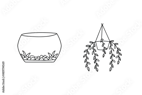 Minimalist vector illustrations of a decorative empty fishbowl and a hanging plant with leaves