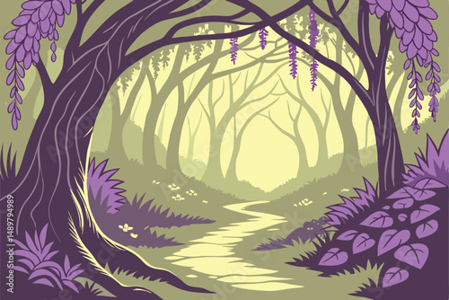 78 fantasy fairytale wisteria tunnel, lush overgrown winding path, magical glowing scenery, ethereal natural light, enchanted woodland dreamscape, vibrant colors, exquisite detail, cinematic compositi