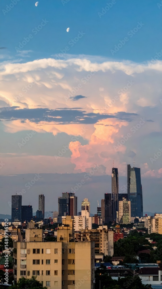 Obraz premium Stunning City Skyline with Celestial Event in a Clear Sky