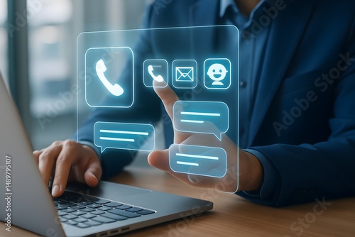 Wallpaper Mural A person's hands hover over a laptop keyboard, interacting with a transparent screen displaying communication icons. Torontodigital.ca