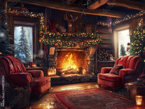Warm cozy Christmas cabin decorated with Christmas lights inside