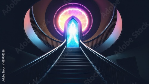 Futuristic staircase leading to a glowing portal with vibrant colors, symbolizing journeys to new worlds, technology, or spiritual awakening in a sci-fi setting