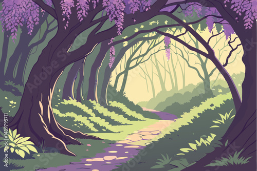 78 fantasy fairytale wisteria tunnel, lush overgrown winding path, magical glowing scenery, ethereal natural light, enchanted woodland dreamscape, vibrant colors, exquisite detail, cinematic compositi