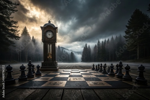 chess pieces and grandfather clock in a foggy forest landscape