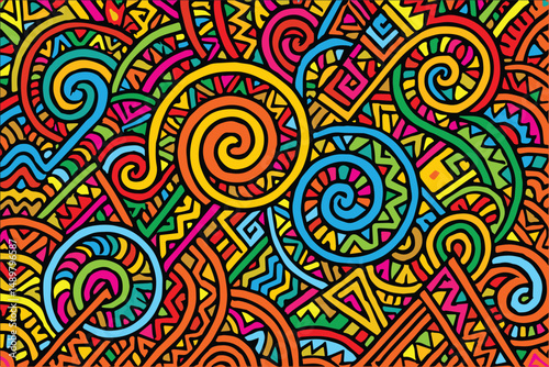 The background features an abstract mix of colorful ethnic shapes and doodle lines, offering a festive and modern twist on cultural pattern designs.