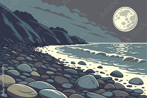 79 glass pebbles beach, colorful rocks shoreline, moonlight night sky, seascape ocean, dramatic lighting, detailed textures, cinematic composition, focus blur, ultra realistic