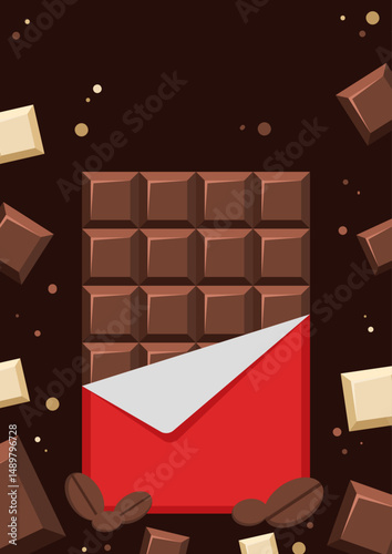 Chocolate Bar Wrapped in Paper Surrounded by Chocolate Pieces and Coffee Beans. Illustration of a chocolate bar in packaging amidst various chocolate pieces and coffee beans on a dark background.