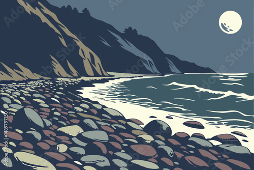 79 glass pebbles beach, colorful rocks shoreline, moonlight night sky, seascape ocean, dramatic lighting, detailed textures, cinematic composition, focus blur, ultra realistic