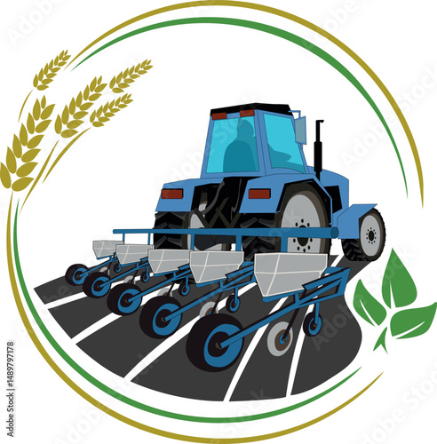Vector illustration, blue tractor planting seeds. Agricultural machinery during sowing. Concept of modern farm technology. tractor with seeder on the field