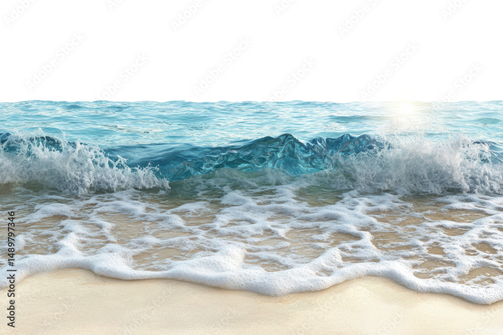 Fototapeta premium Ocean Wave Crashing on Sandy Beach at Sunset: Tranquil Coastal Scene with Soft Light and Foamy Surf