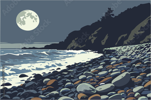 79 glass pebbles beach, colorful rocks shoreline, moonlight night sky, seascape ocean, dramatic lighting, detailed textures, cinematic composition, focus blur, ultra realistic