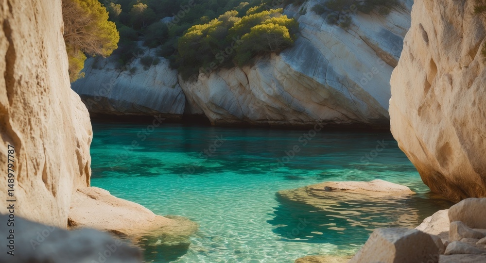 Naklejka premium Tranquil Turquoise Waters of a Hidden Cove Surrounded by Rugged Cliffs, Mallorca.