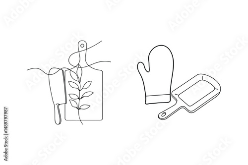 Minimalist line art illustration of kitchen utensils including cutting board and oven mitt