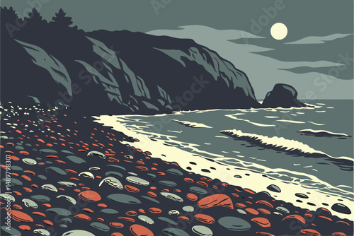 79 glass pebbles beach, colorful rocks shoreline, moonlight night sky, seascape ocean, dramatic lighting, detailed textures, cinematic composition, focus blur, ultra realistic