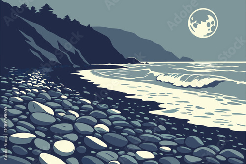 79 glass pebbles beach, colorful rocks shoreline, moonlight night sky, seascape ocean, dramatic lighting, detailed textures, cinematic composition, focus blur, ultra realistic