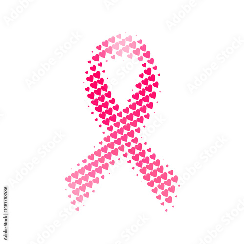 Pink breast cancer awareness ribbon creatively formed from tiny hearts, symbolizing hope, love, transformation, and support in the fight against cancer and women’s health.