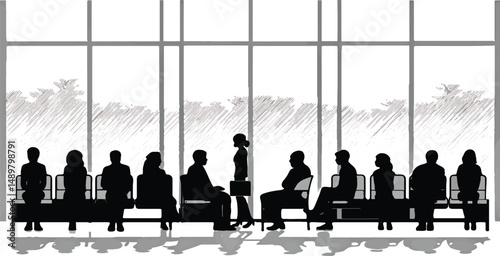 People sitting and waiting in airport lounge silhouette illustration


