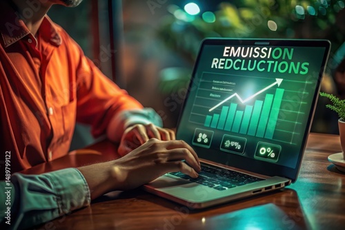 Person working on a laptop displaying emission reduction graph