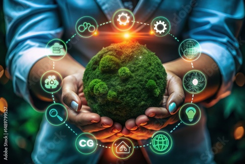 Person holding a moss covered globe surrounded by technology icons