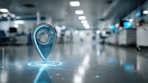 3D holographic location pin in futuristic clean hospital corridor with depth of field ideal for healthcare tech, logistics, and smart facility visuals