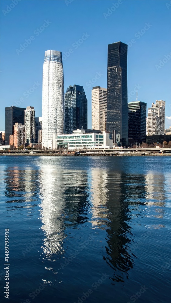 Obraz premium Reflections of Modern City Skyline Over Calm River Waters