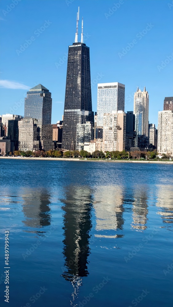 Obraz premium Stunning City Skyline with Strong Reflections in Calm River Waters