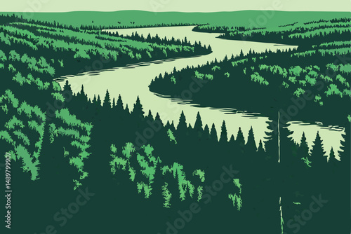 80 a lush green forest, aerial view, evergreen pine trees, winding river, lakes, wilderness, remote, serene, atmospheric, dramatic lighting, cinematic, 8k, highly detailed, matte painting style