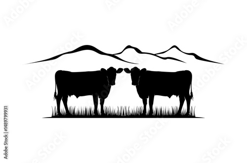 Cattle Angus Cow  Grass silhouette livestock farm logo design illustration
