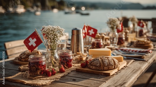 Festive Swiss National Day breakfast table by the lake with traditional bread, cheese, berries and flags perfect for national celebrations, cultural tourism and summer food themes