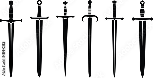 Five medieval sword silhouettes black and white