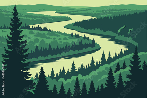 80 a lush green forest, aerial view, evergreen pine trees, winding river, lakes, wilderness, remote, serene, atmospheric, dramatic lighting, cinematic, 8k, highly detailed, matte painting style