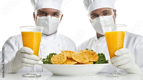 Two chefs celebrate culinary success with fresh orange juice and a delicious meal photo