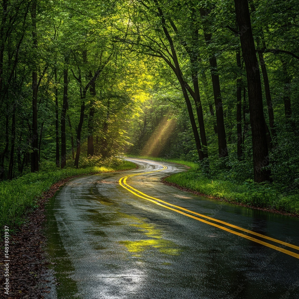 Obraz premium Curving Road Through Lush Green Forest After Rain, Sunlight Streaming Through Trees