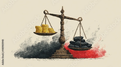 Balance scale gold coins black rocks wealth environment trade - off Economy.
