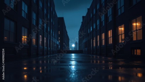 Modern bridge corridor at night with blue lighting, reflecting on the wet floor, creating a sleek and futuristic atmosphere perfect for technology and urban themes