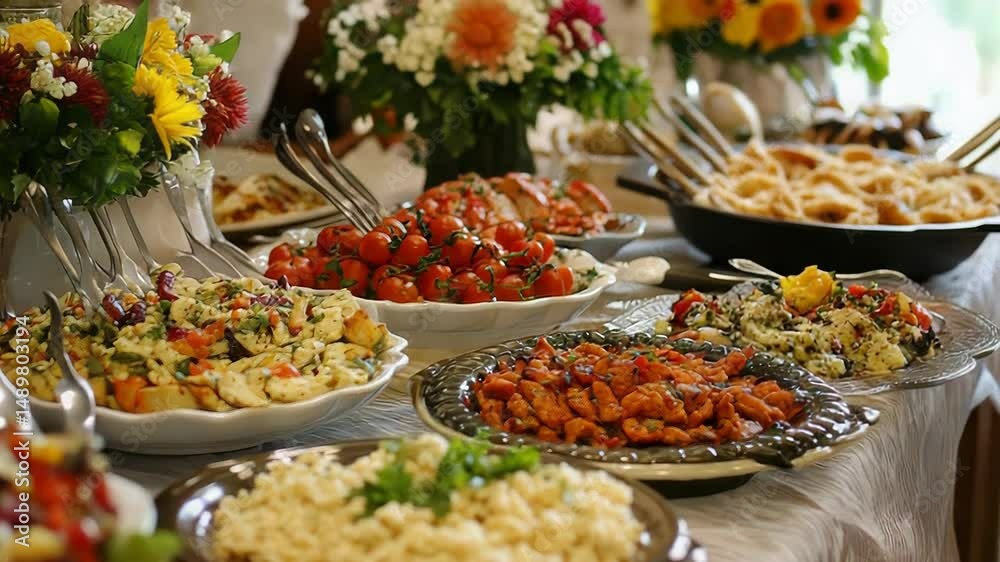 Colorful buffet display with diverse dishes celebrating vibrant culinary art in elegant venue
