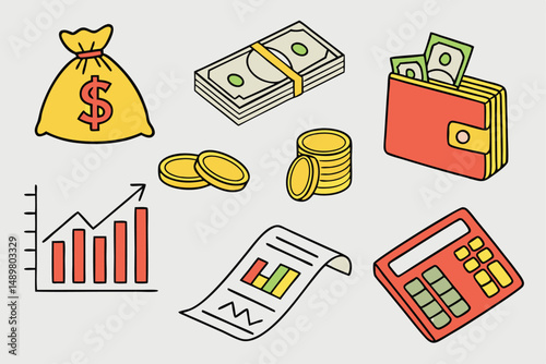 Hand-Drawn Finance and Investment Concept Featuring Money, Charts, Calculator, and Wallet Depicting Growth and Financial Planning.