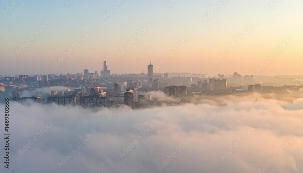 Naklejka premium Mysterious Cityscape in Misty Morning Light with Reduced Visibility