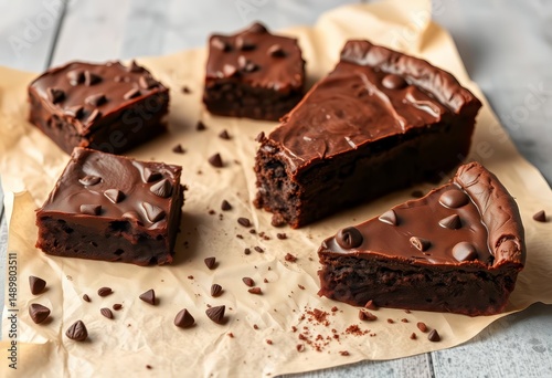 Decadent chocolate brownies & pie, arranged on parchment paper, sweettooth, dark photo