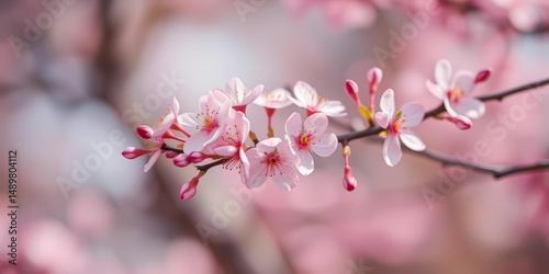 Delicate pink blossoms on a branch against a soft, blurred natural background, illustration, soft