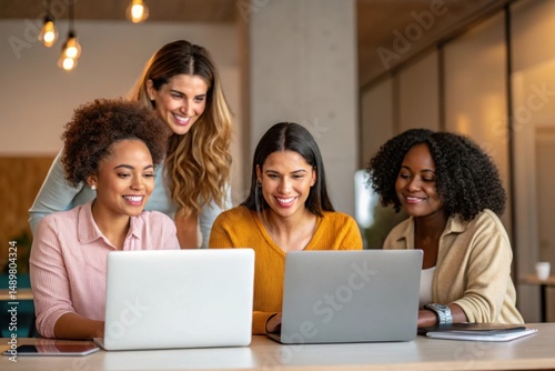 Four women collaborating on a laptop in a modern office setting