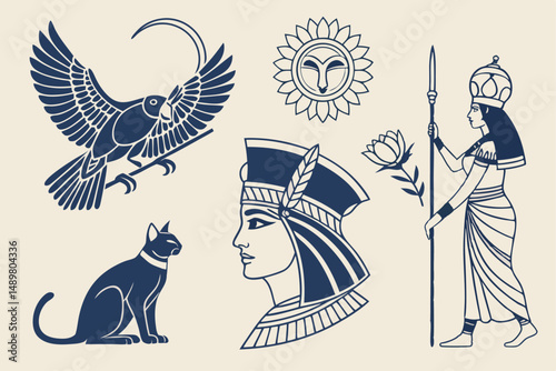 Set of Egyptian Art Elements: Pharao, Queen, Cat, Horus Bird, Flower, Sun God. Vector Ancient Egypt Illustration.