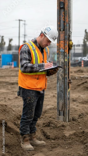 Construction worker in safety vest and hard hat writes on clipboard at a construction site inspecting equipment, outdoors.