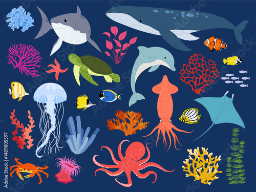 Sea animals vector illustration set. Marine animals with elements of underwater life. Tropical fish and coral. Cute sea or oceanic inhabitants.