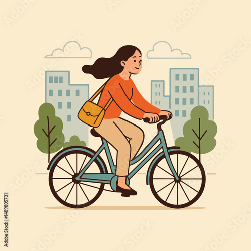 Woman riding bicycle in city flat vector illustration
