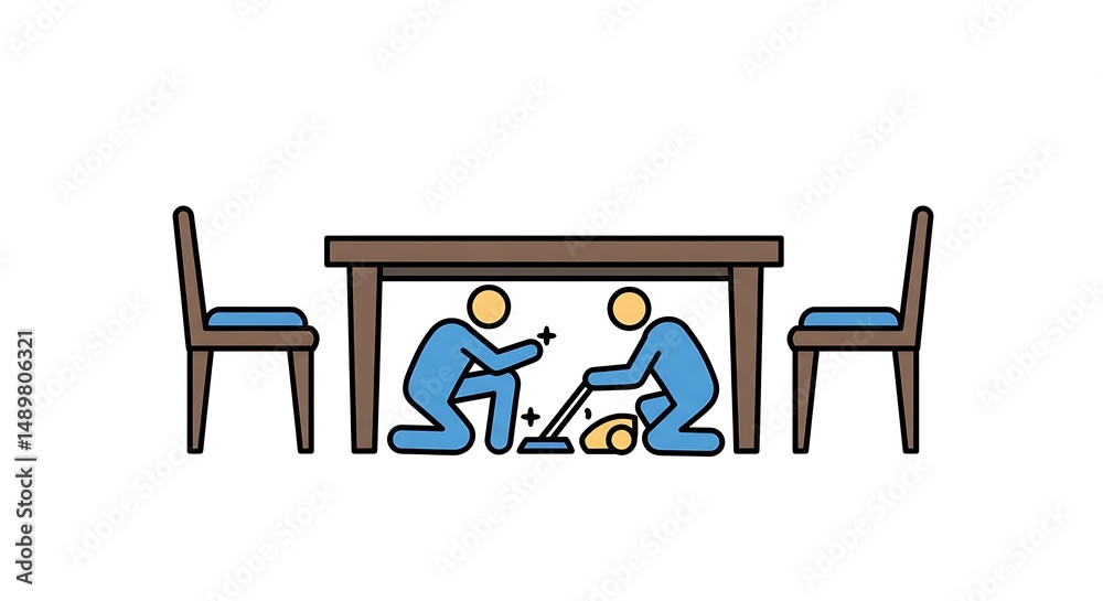 Fototapeta premium Two people cleaning under a table with a vacuum and tool. Home maintenance, tidying, and repair concept icon.