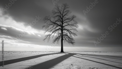 Lone leafless tree standing in a snowy landscape under dark, stormy clouds, casting long shadows on the snow. Evokes solitude and the stark beauty of winter