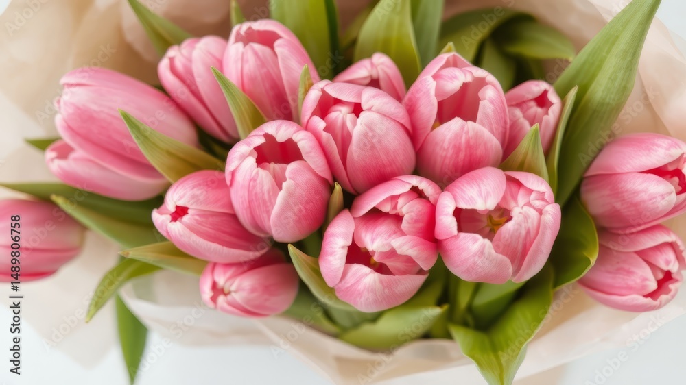 Obraz premium A lovely bouquet of fresh pink tulips is artfully arranged in soft paper wrapping for a beautiful gift.