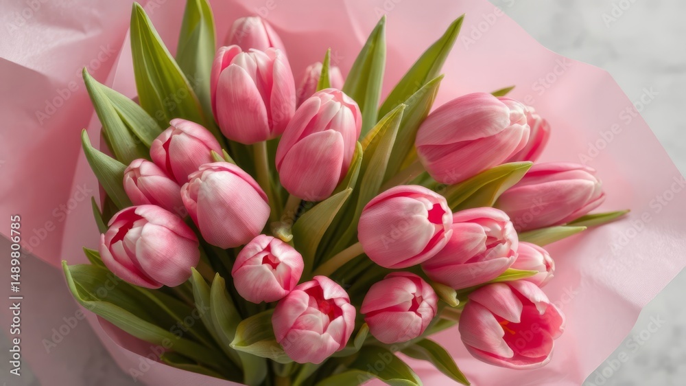 Obraz premium A beautiful bouquet of pink tulips is artfully arranged in delicate pink wrapping paper on a marble surface.