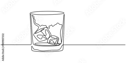 One line sketch of whiskey in a glass with ice cubes. Bar and restaurant concept minimalist logo isolated on white background, One continuous single drawing line art flat doodle whiskey, One concept.